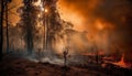 Forest fire inferno destroys landscape, ash covers pine tree meadow generated by AI