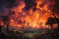 Forest fire, inferno of fire a natural disaster. Generative Ai.