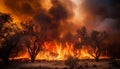 Forest fire inferno nature destruction, a glowing mystery at dusk generated by AI Royalty Free Stock Photo