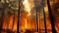 Forest fire many acres of pine trees burn down during. Generative AI.