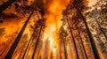 Forest fire many acres of pine trees burn down during. Generative AI.