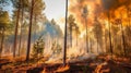 Forest fire many acres of pine trees burn down during. Generative AI.