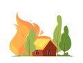 Forest Fire Natural Disaster With Burning Trees And Wooden House. Extreme Insurance Situation, Destruction, Accident Royalty Free Stock Photo