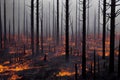 Forest fire at night with burning bush, tree plant and air polluted with smoke. Wildfire fiery hot ash branch hazard Royalty Free Stock Photo