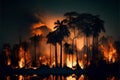 Forest fire at night with burning trees in the foreground, vector illustration Royalty Free Stock Photo