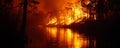 Forest fire at night reflecting on a river, intense flames and smoke. Environmental disaster and emergency response Royalty Free Stock Photo