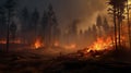 Forest fire photography. burnt trees, flames, and smoke