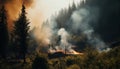 Forest fire rages, smoke fills sky, nature destruction evident generated by AI
