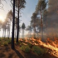 Forest fire, trees engulfed in smoke, AI Generative