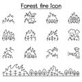 Forest fire, wildfire icons set in thin line style