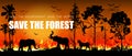 Forest fires in Amazon and Australia with silhouettes of wild animals. Problems in the amazon rain forest. Royalty Free Stock Photo