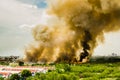 Forest fires in the city on a hot oversupply. Firefighter helped hasten to prevent fire spread to the village.