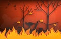 Forest fires with silhouettes of wild animals fleeing fire in paper cut style. Digital craft paper art