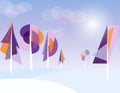 Forest flat vector landscape. Purple abstract background. Children`s simple drawing