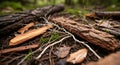 Forest floor detail with fallen branches and exposed tree roots in soft focus Royalty Free Stock Photo
