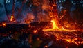 Forest floor engulfed in flames with burning tree trunk and scattered leaves at dusk Royalty Free Stock Photo