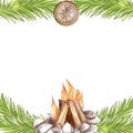 Forest frame invitation with fir branches, bonfire and compass. Used for design banner, flyer, scrapbook, cards