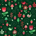 Forest friends vector seamless pattern. Kids background with cute birds and plants in colors red, pink and green
