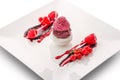 Forest fruit ice cream with fresh fruit on white plate, exclusive summer dessert, patisserie