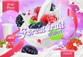 Forest Fruit Yogurt. Mixed Berry And Milk Splashes. 3d Vector