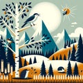 illustration of a forest with animals and mountains for a children's book