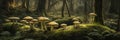 A Forest Of Giant Mushrooms Panoramic Background. Generative AI