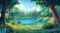 A forest glade with a lake, trees, grass, and flowers, a deep summer woods or park landscape scene with a pond Royalty Free Stock Photo