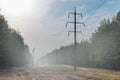 Forest glade with power transmission line right-of-way. Electrical supply wires in fog at early morning Royalty Free Stock Photo