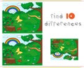 Forest glade with a stub, strawberries, butterfly, trees, rainbow and flowers. Educational game for kids: find ten differences