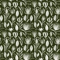 Forest green country floral blockprint linen seamless pattern. Allover print of French cottage interior cotton effect