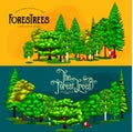 Forest green trees on the grass bush in summer landscape background. Cartoon vector set trees in outdoor park. Outdoor Royalty Free Stock Photo