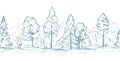 Forest hand drawn graphic seamless vector sketch pattern. Fir trees and deciduous trees in gray color Royalty Free Stock Photo