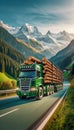 Forest hauler green truck driving on a road in Switzerland with Alps mountains in the background