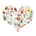 Forest herbs and mushrooms heart shape. Autumn collection. Hand drawn natural rustic fall season set. Fly agaric, fern