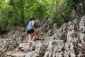 Forest hike trail hiker woman exercise walking in nature stone forest. Royalty Free Stock Photo