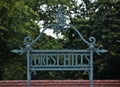 forest hills sign on the train platform (railway station in queens, long island) rail, railroad commute, travel Royalty Free Stock Photo