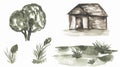 Forest house Clipart, Landscapes elements, Tree, grass, building illustration, Wedding invitation, Card making