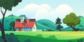 Forest house. Countryside cartoon landscape with rural building among trees and summer nature scene. Vector illustration