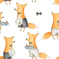 Seamless Pattern. Watercolor Cute and Funny Gentleman Foxes Seamless Pattern