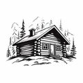 Bold Black And White Log Cabin Illustration With Stencil Art Style