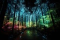 Forest illuminated by fluorescent lights. The setting is magical and enchanting, with the colors of the lights reflecting off the