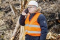 Forest inspector talking on smartphone near to pile sawed bushes and strains