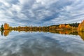 Forest lake in cloudy, autumn weather. Late fall. Europe Royalty Free Stock Photo