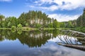 Forest lake with reflection in water. Summer place with arbor for fishing, relax Royalty Free Stock Photo