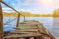 Forest lake or river on summer day and old rustic wooden dock or pier Royalty Free Stock Photo