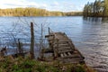 Forest lake or river on summer day and old rustic wooden dock or pier Royalty Free Stock Photo