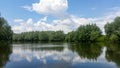 Forest lake under blue cloudy sky Royalty Free Stock Photo