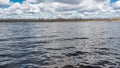 Forest lake under blue cloudy sky. Spring landscape with a pond and forest on the horizon Royalty Free Stock Photo