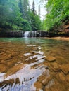 Forest lake with a waterfall and clear water. Waterfalls in deep forest. Royalty Free Stock Photo