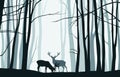 Forest landscape with blue silhouettes of trees and deers - vector illustration